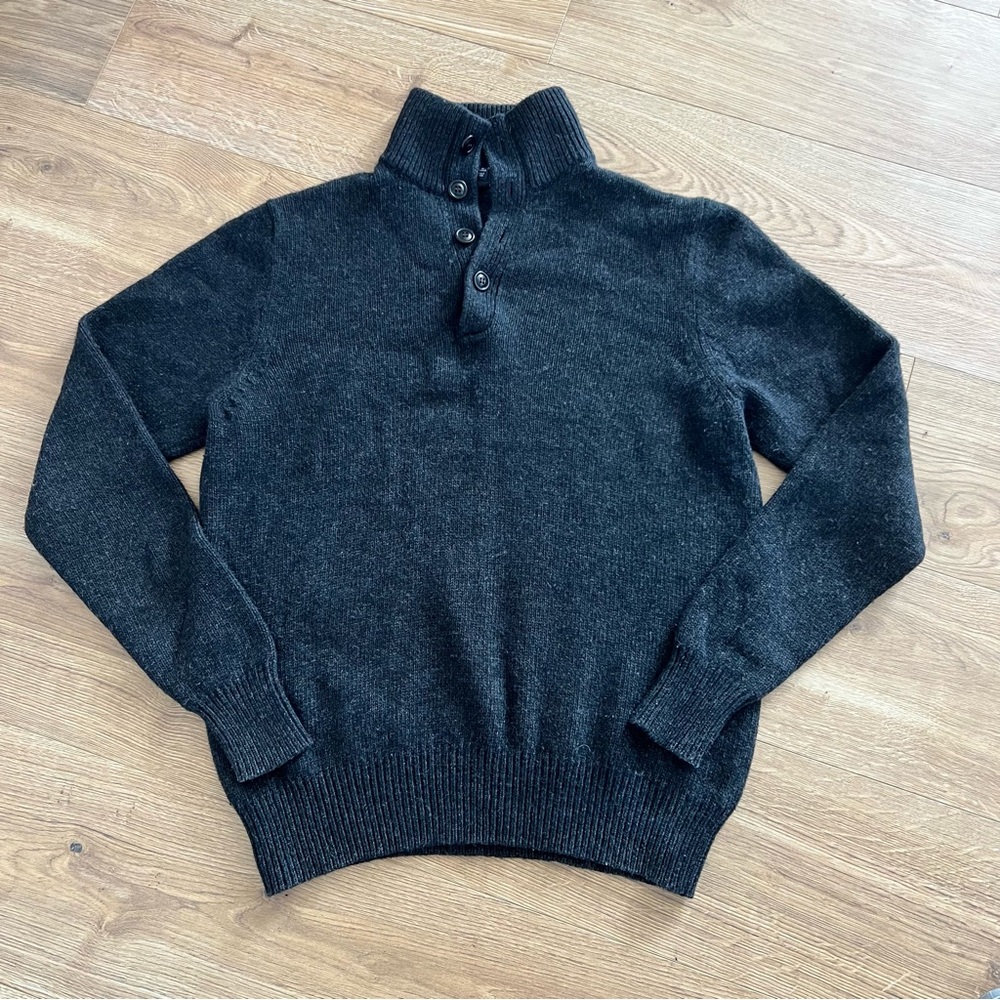J. Crew Lambswool Blend Charcoal Gray StandUp Collar 4 Button Pullover Sweater